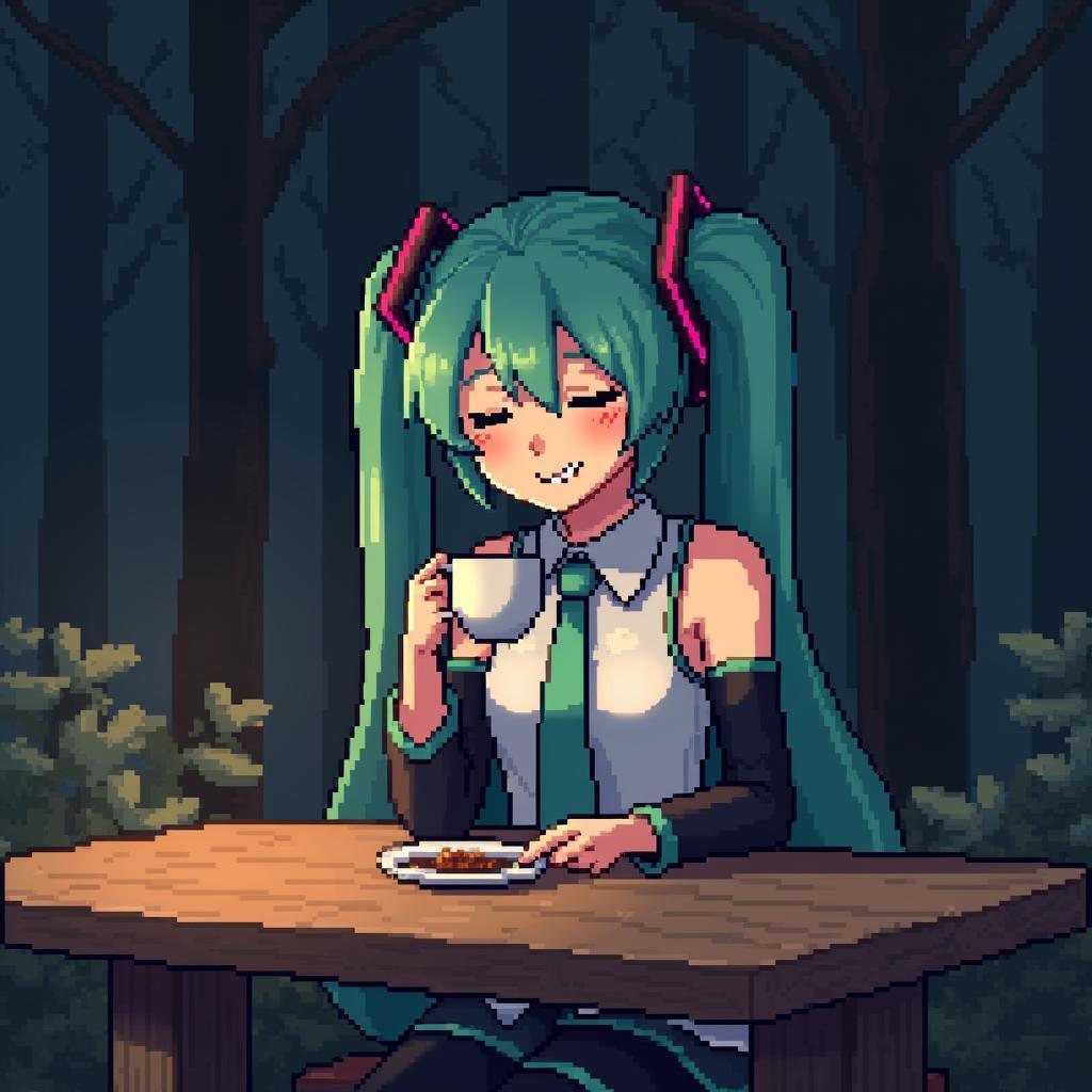Sleepy Hatsune Miku With Tea in Pixels