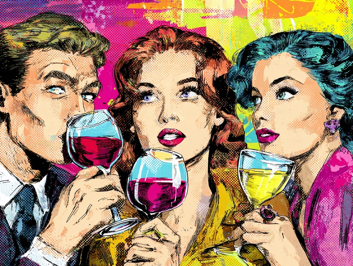 Pop-art style, 3 friends, male and female, together in a wine bar drinking fine wines