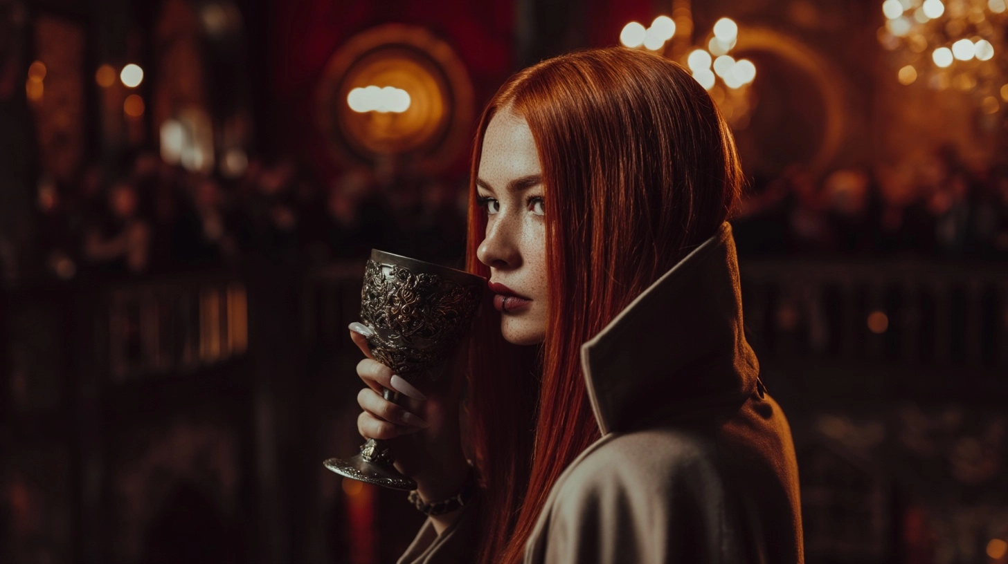 Cinematic movie scene, cinematic lighting, bokeh, skinny young woman with neat straight long ginger