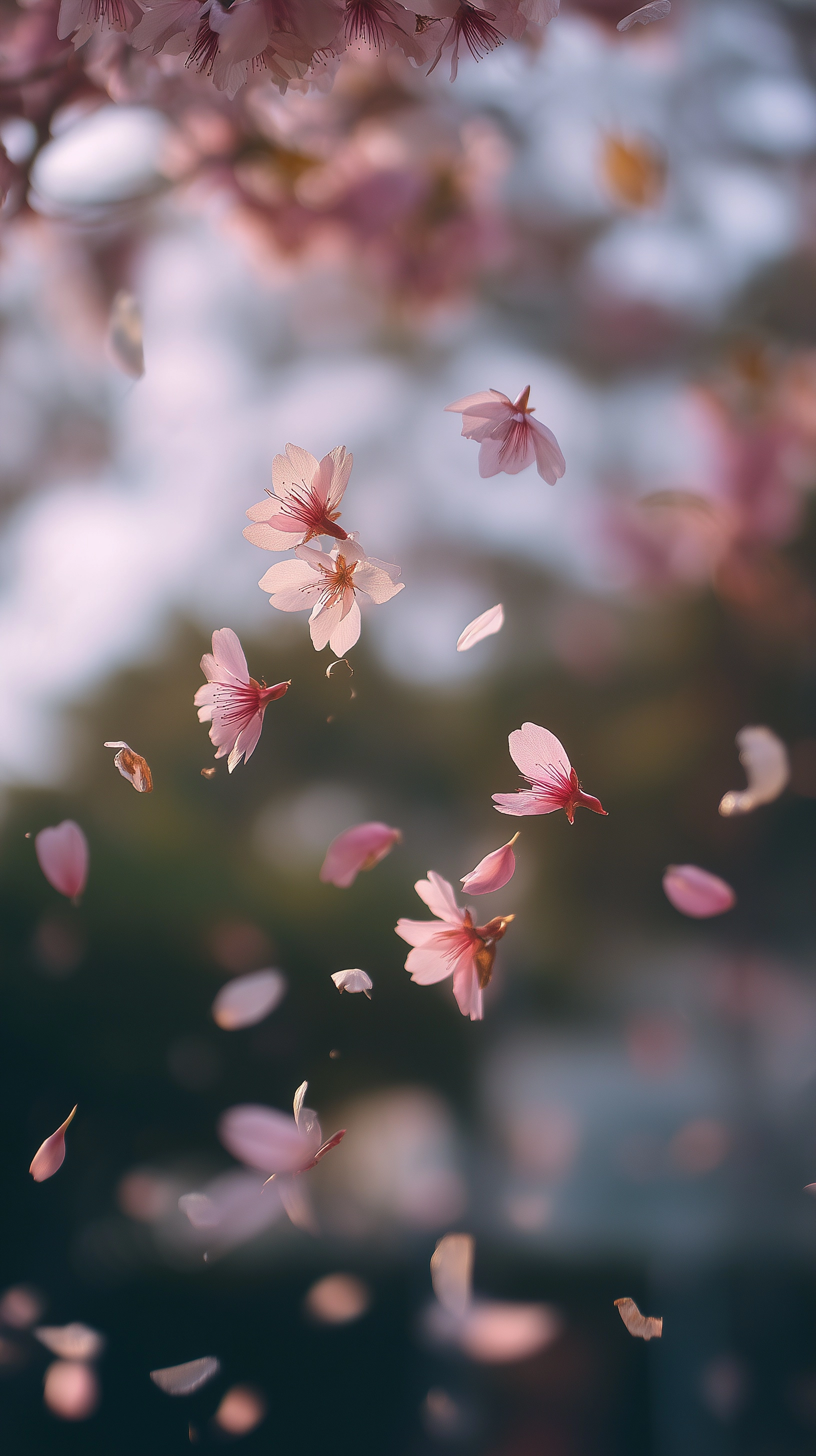 Cherry blossom petals falling in spring breeze, pink bokeh, soft light, no people