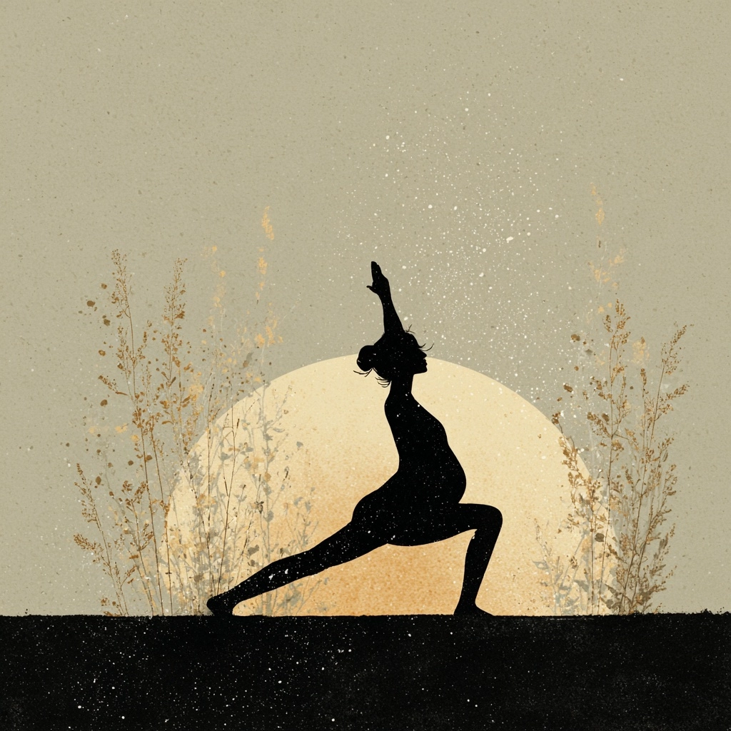 An illustration of a pregnant woman doing exercise, boho minimal style, on earthy tone background