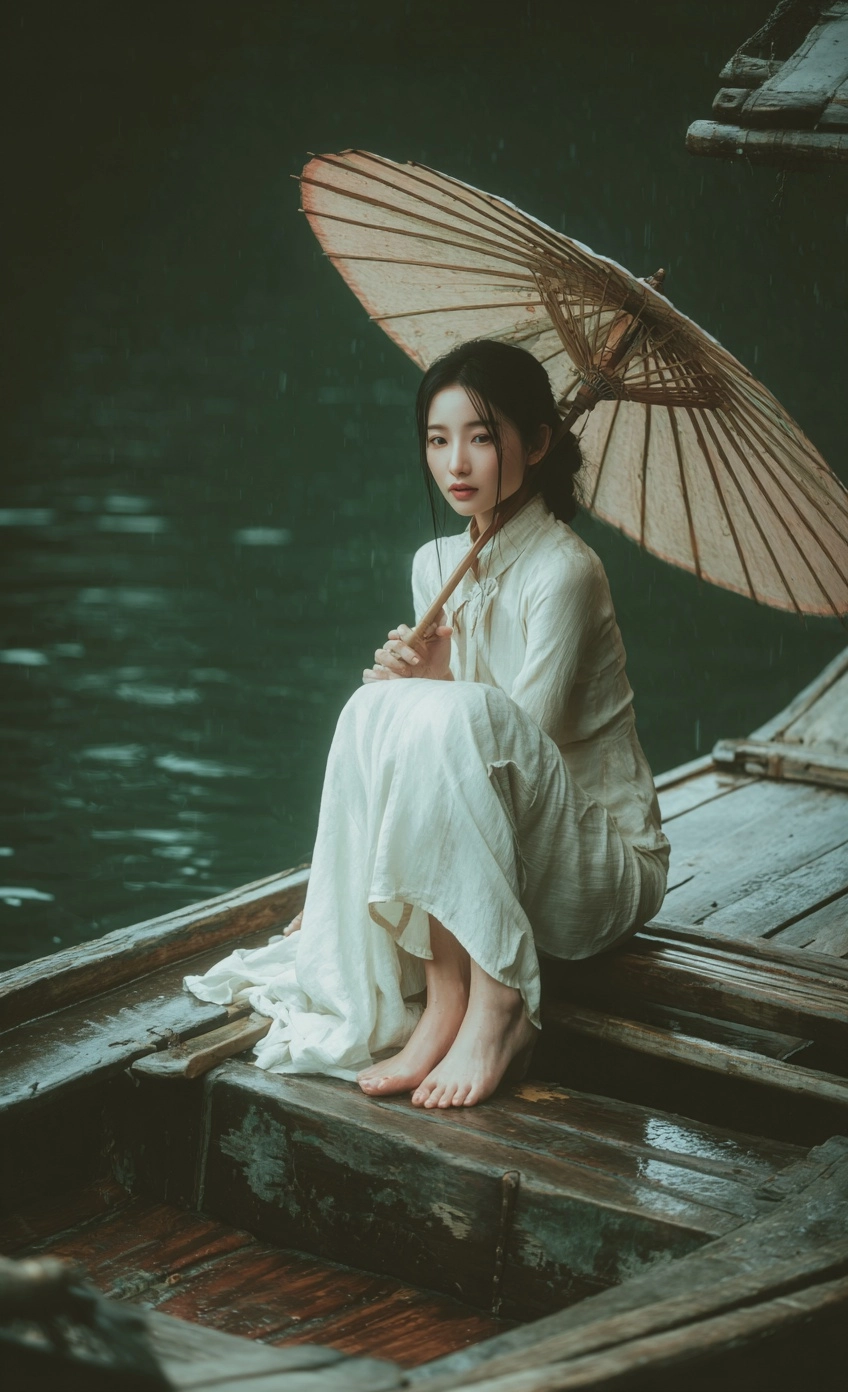A chinese girl in white , barefoot on the edge of an old wooden boat holding an umbrella is sitting