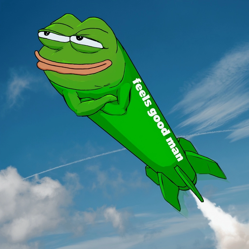 Anthropomorphic Pepe the Frog as a sleek ICBM rocket