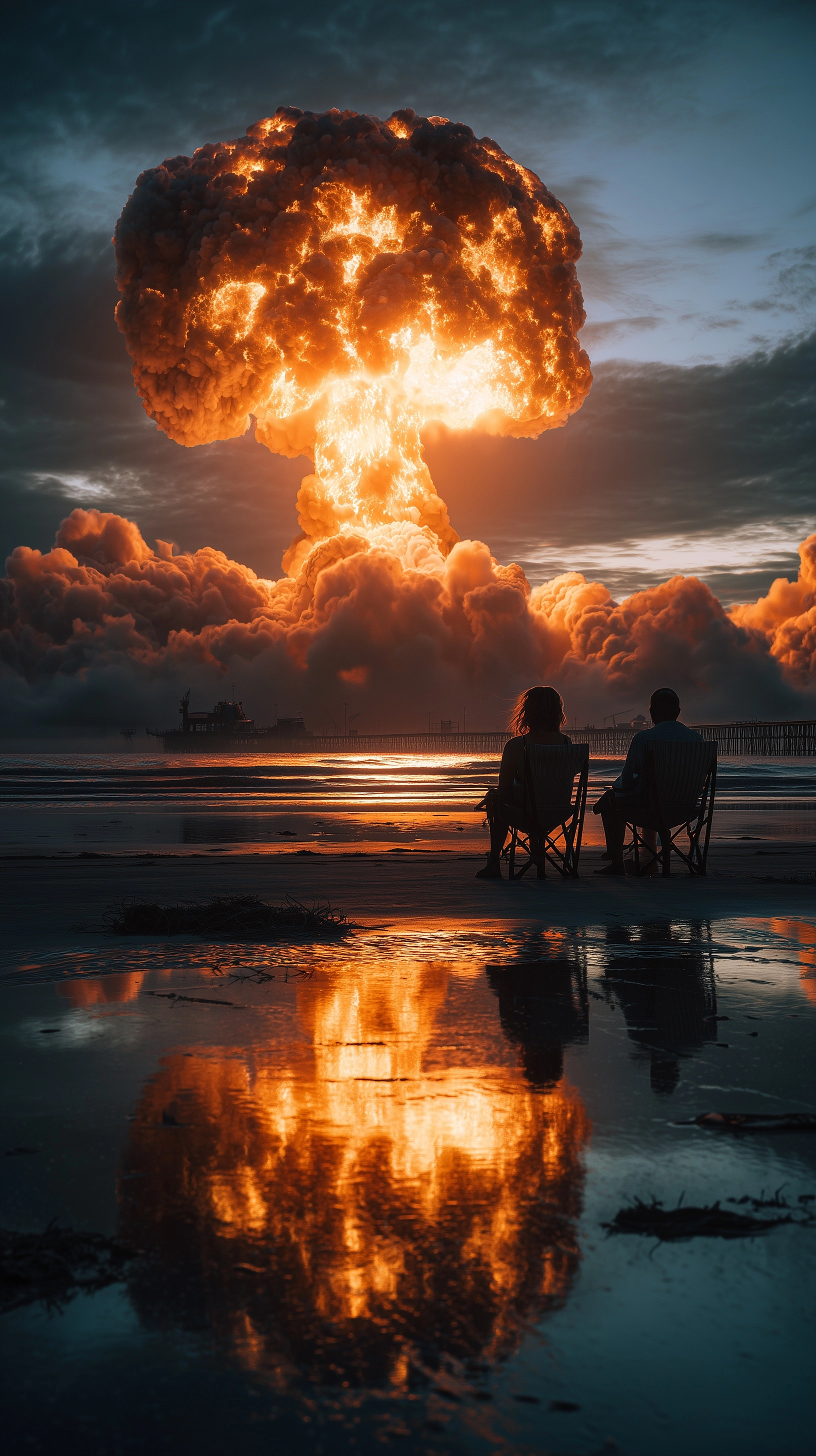 A colossal nuclear explosion rising over the ocean horizon
