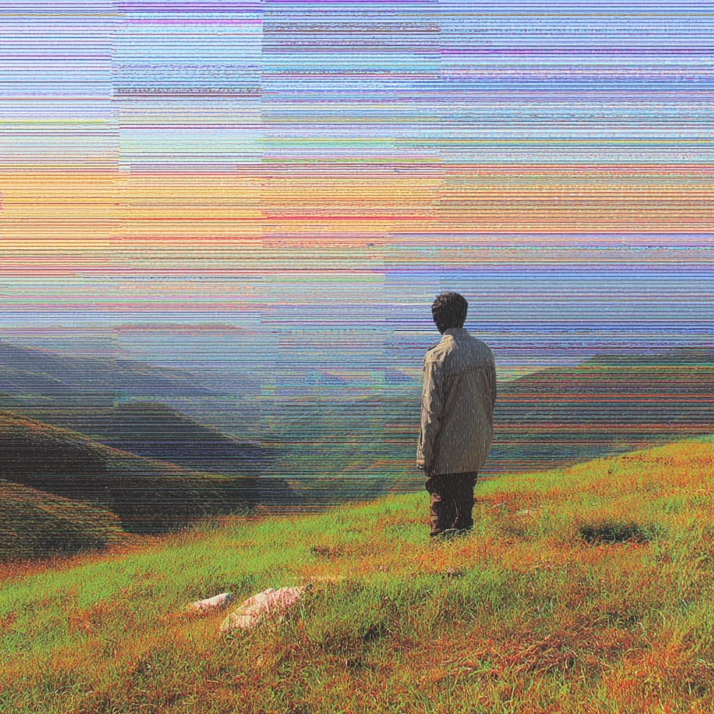 All body is grass, blade runner vibe, glam collage aesthetics, glitched background, shot on VHS