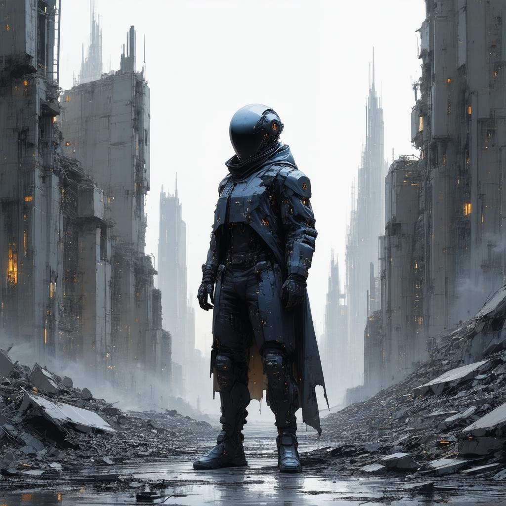 Minimalist Faceless Soldier Amid City Ruins
