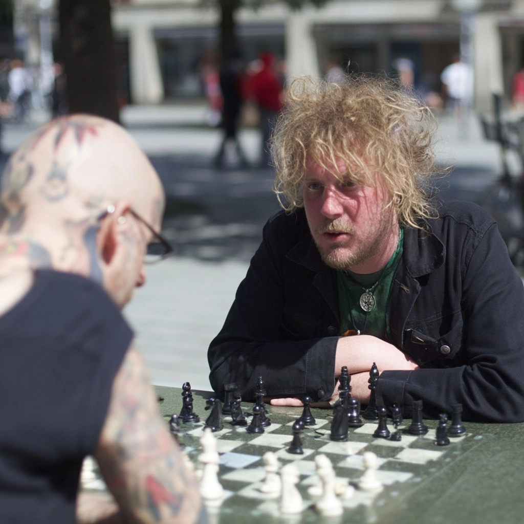 Gay Hipster antifa playing outdoor chess in Munich. Colored photograph
