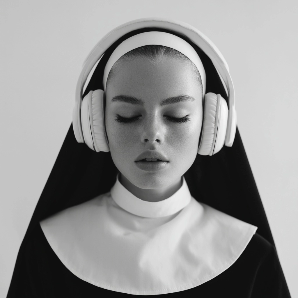 Minimalist studio portrait of a young nun wearing white headphones, eyes closed