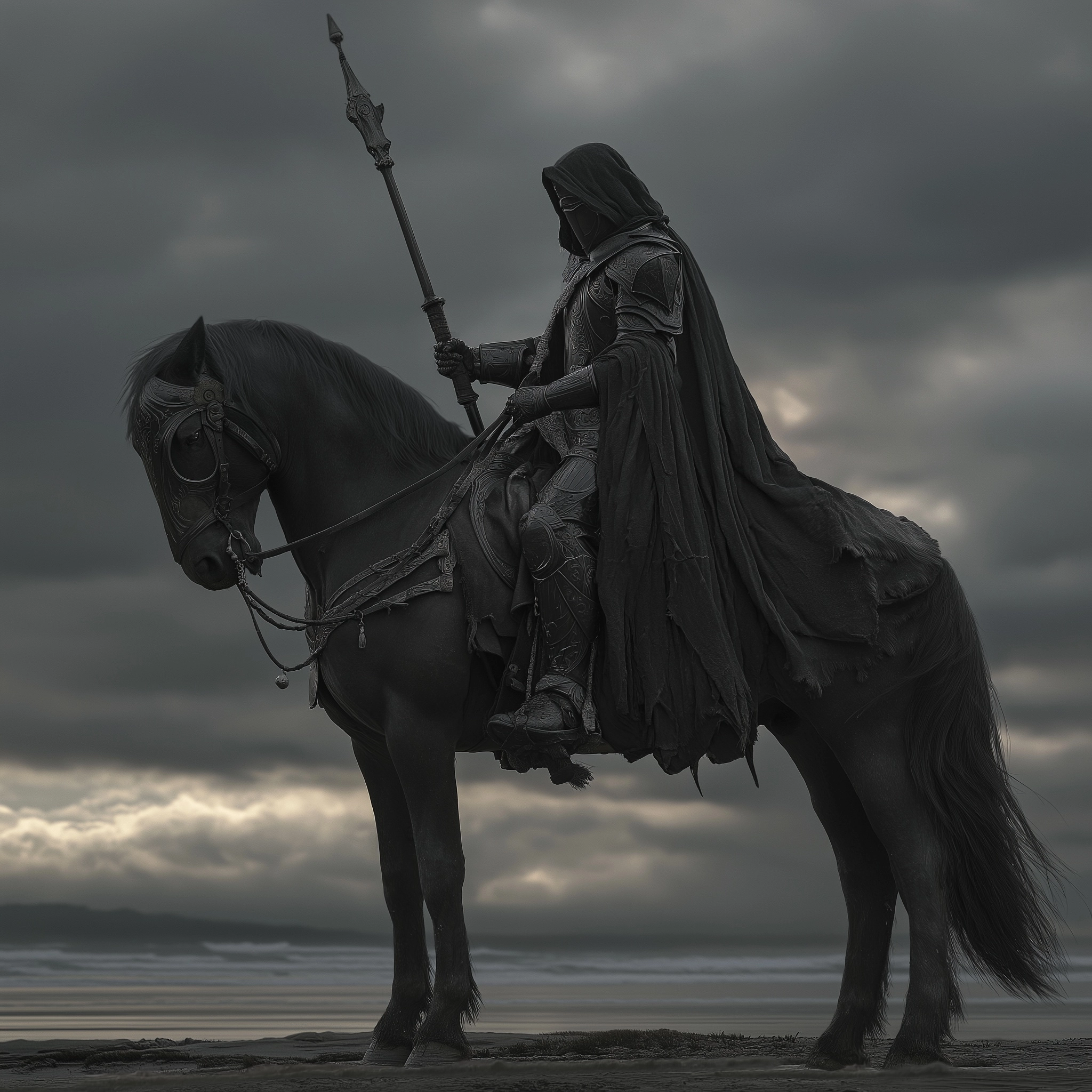 A digital image, close up view of a medevil knight in black armour on a black war horse holding a lo