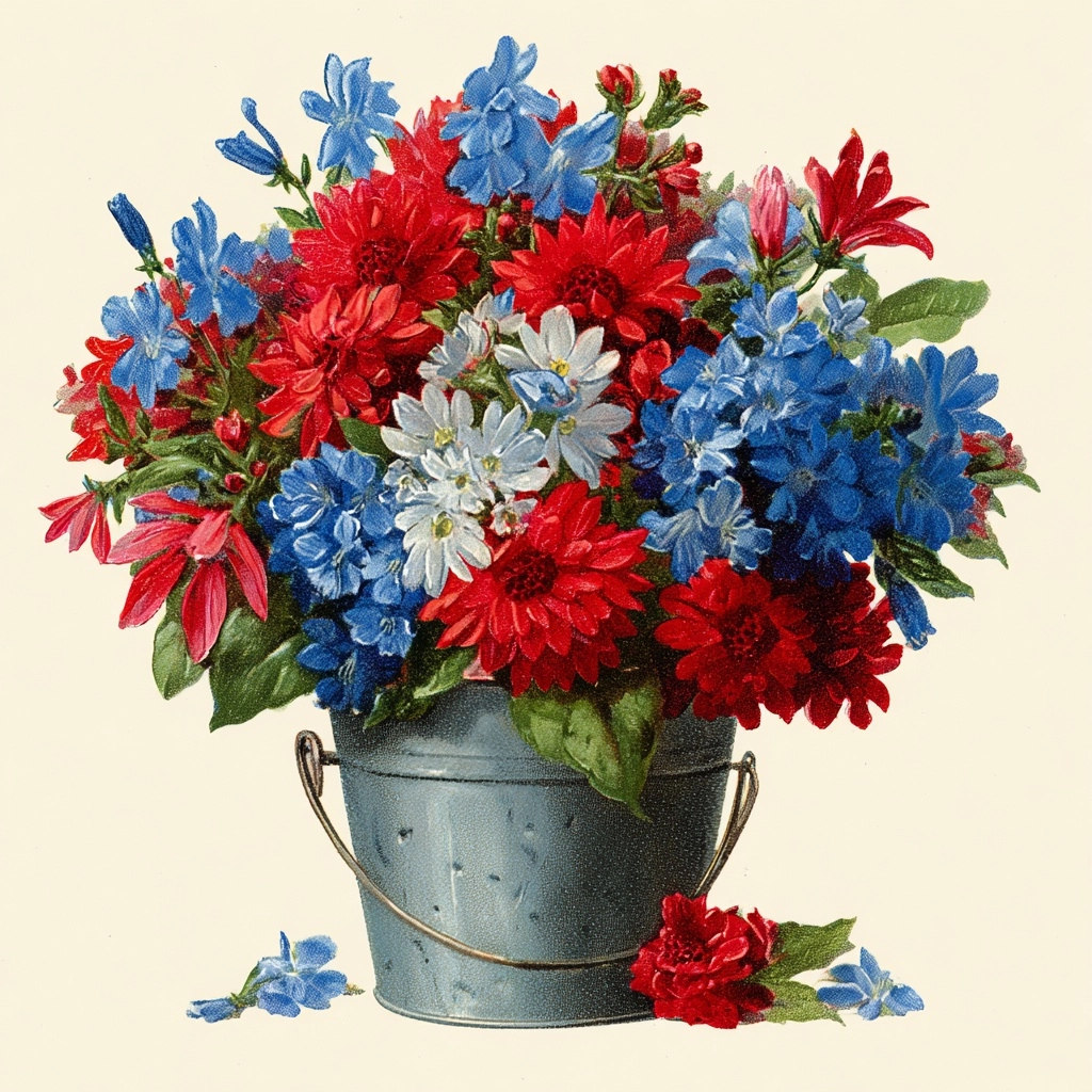 1950s beautiful kitschy illustration of an adorable VINTAGE METAL BUCKET FULL OF red and blue flower