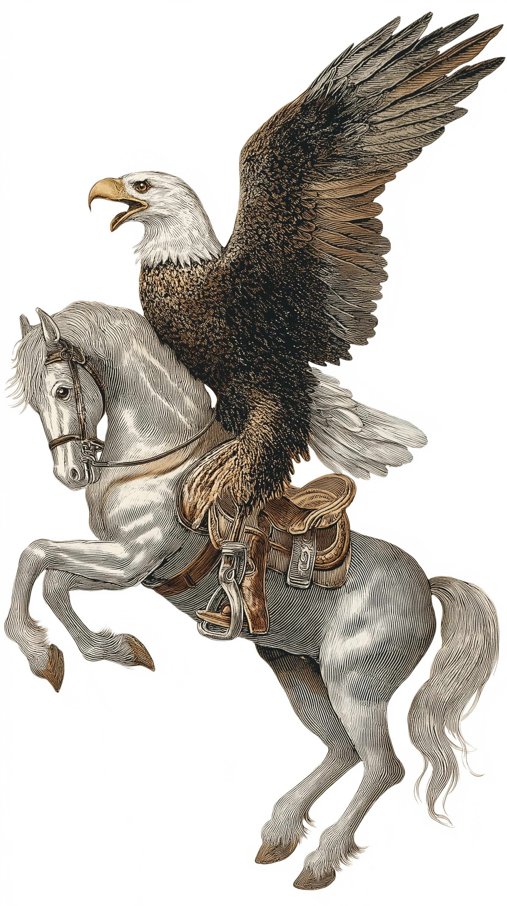 A bald eagle riding a bucking horse, long feathery legs, beak open with intense squawk. no saddle