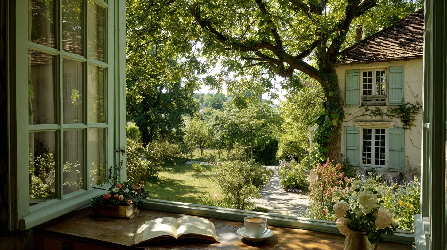 A beautiful view of the vintage kitchen English countryside from an open soft green window to an out