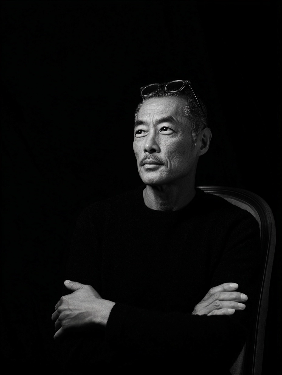 A black-and-white portrait of an asian man with short hair, wearing glasses on his head