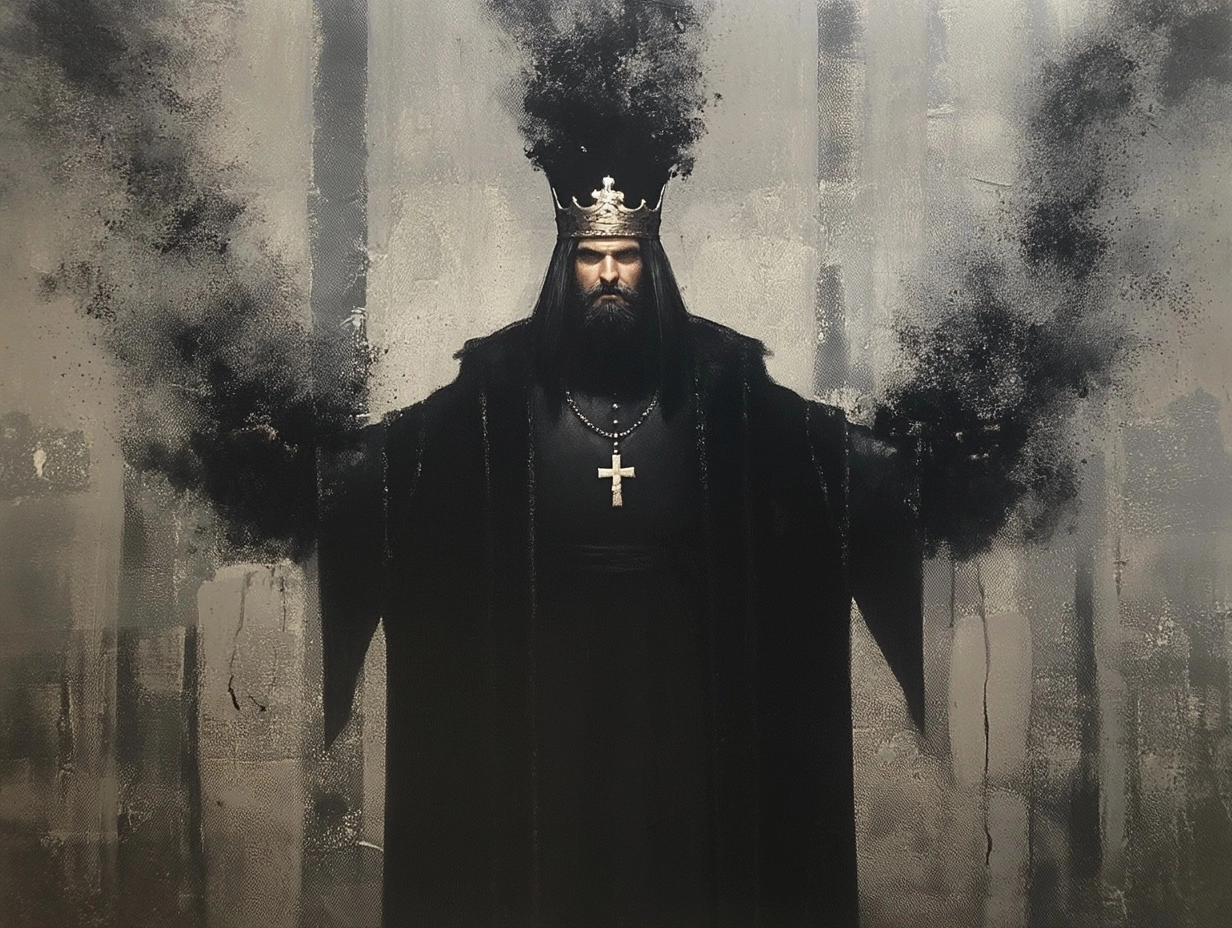 A black-robed king with a crown made of shadow, in the style of dark fantasy art by john blanche.