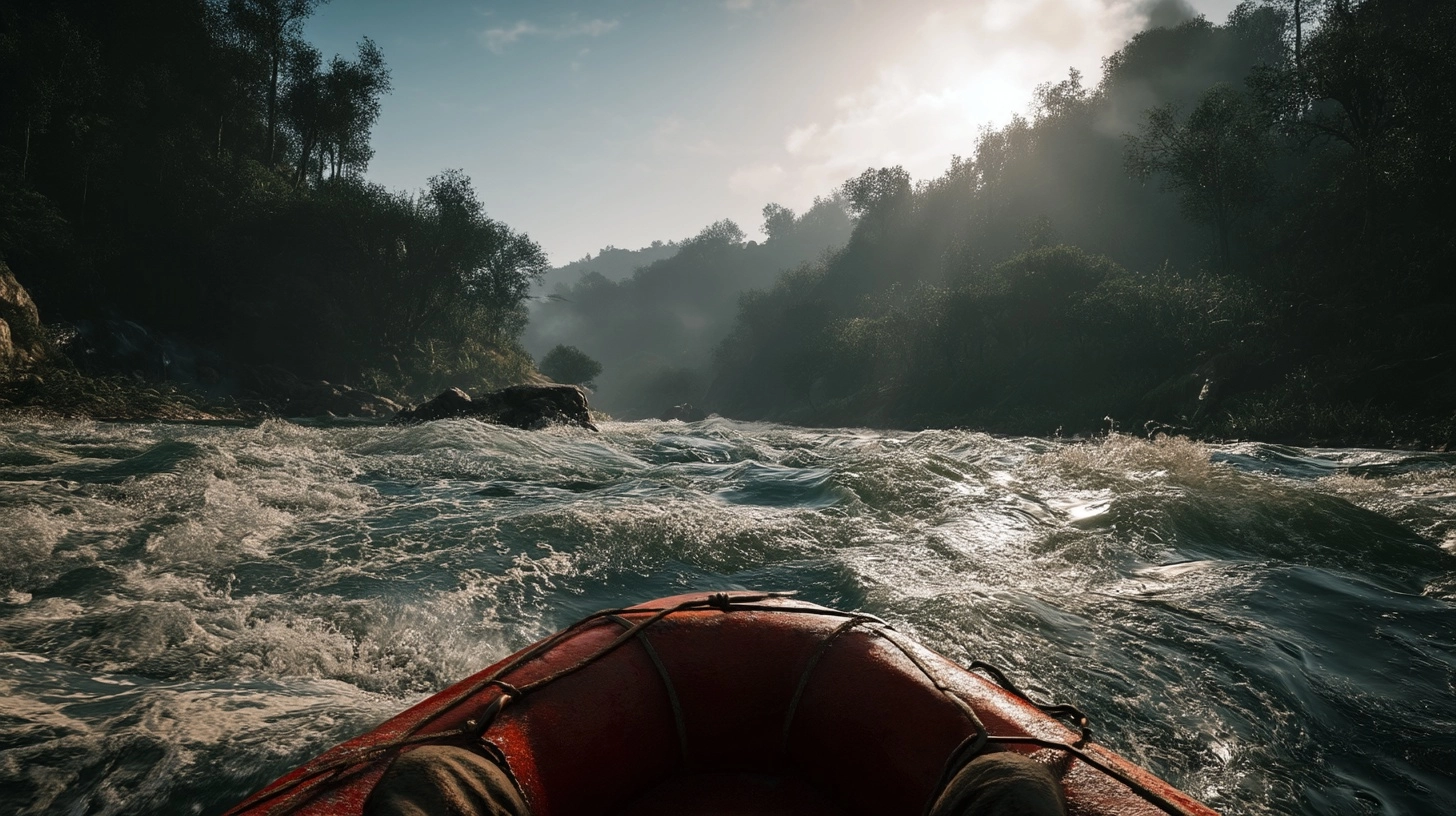 First person view rafting on angry river