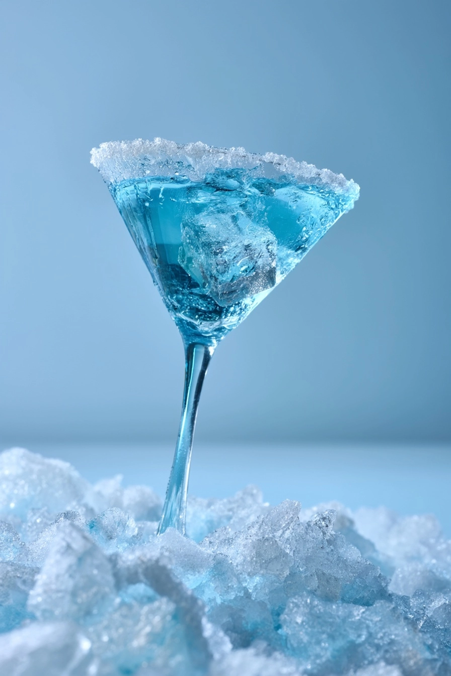 A blue martini glass, angled at 15 degrees, resting on a surface of crushed glacier ice within a fre
