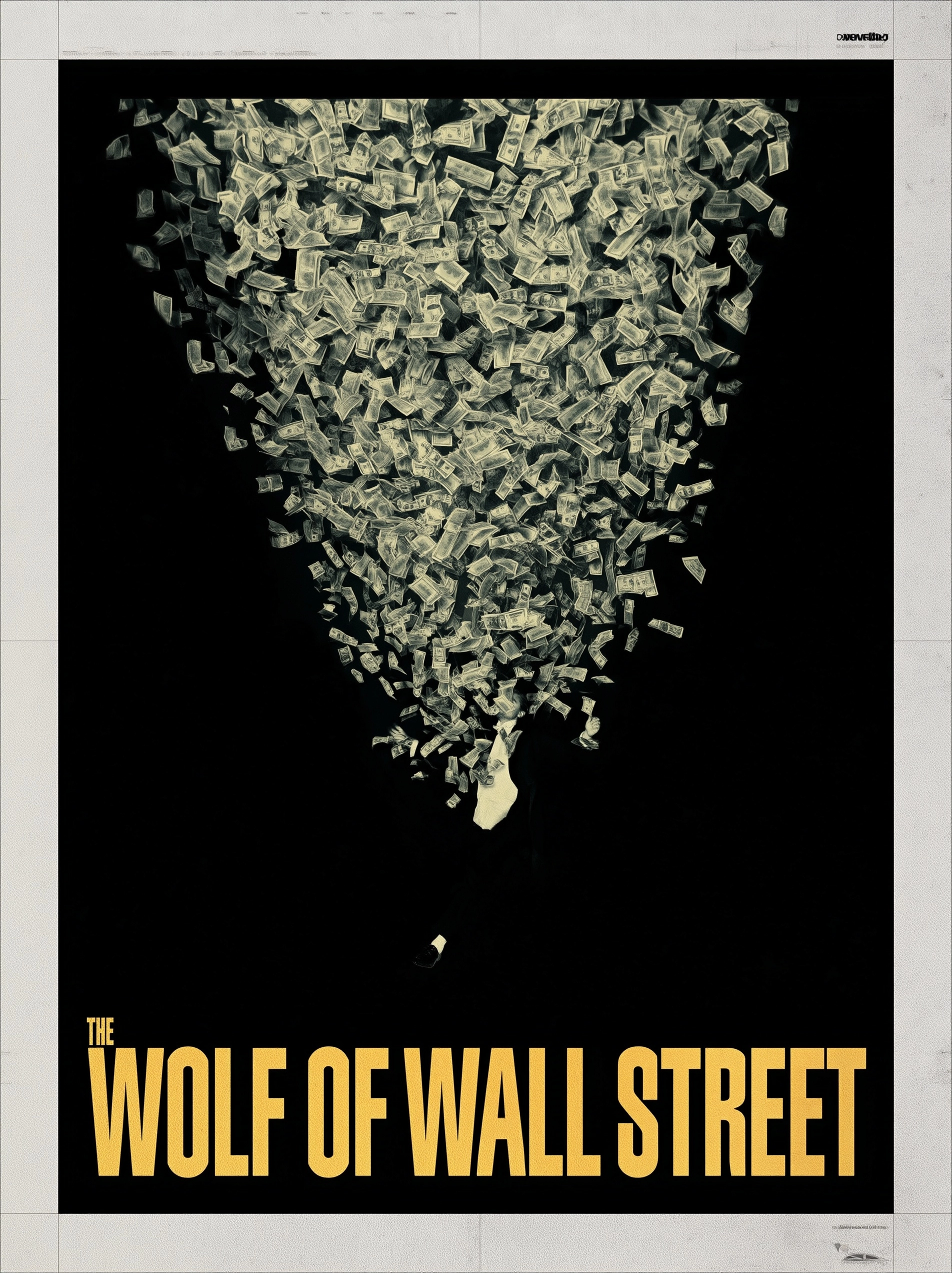 A bold Swiss International Style graphic design poster with a single image of falling cash and bold