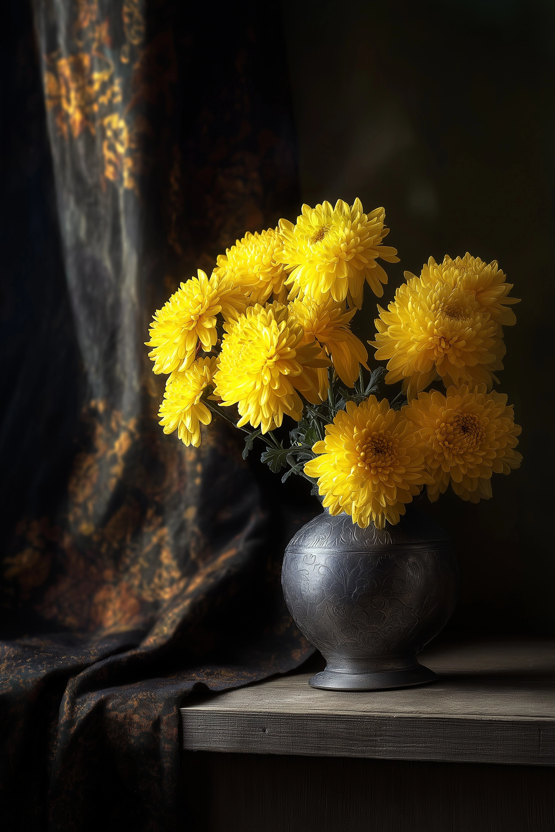A bouquet of yellow chrysanthemums in a small, dark