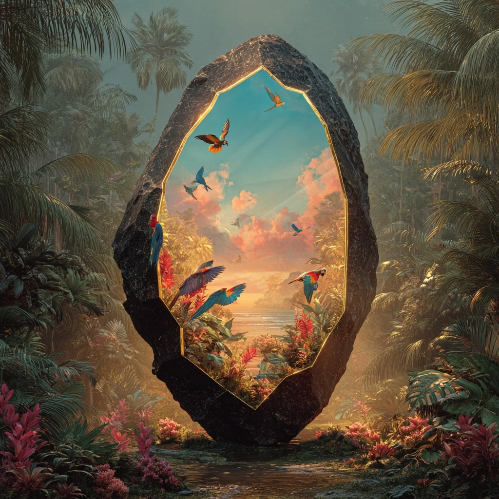 A breathtaking, photorealistic music album cover scene. In the foreground, a large