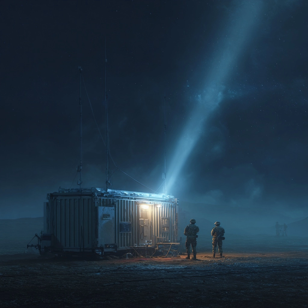 A clandestine small, portable military antenna receiving a laser bean from a low earth orbit satelli