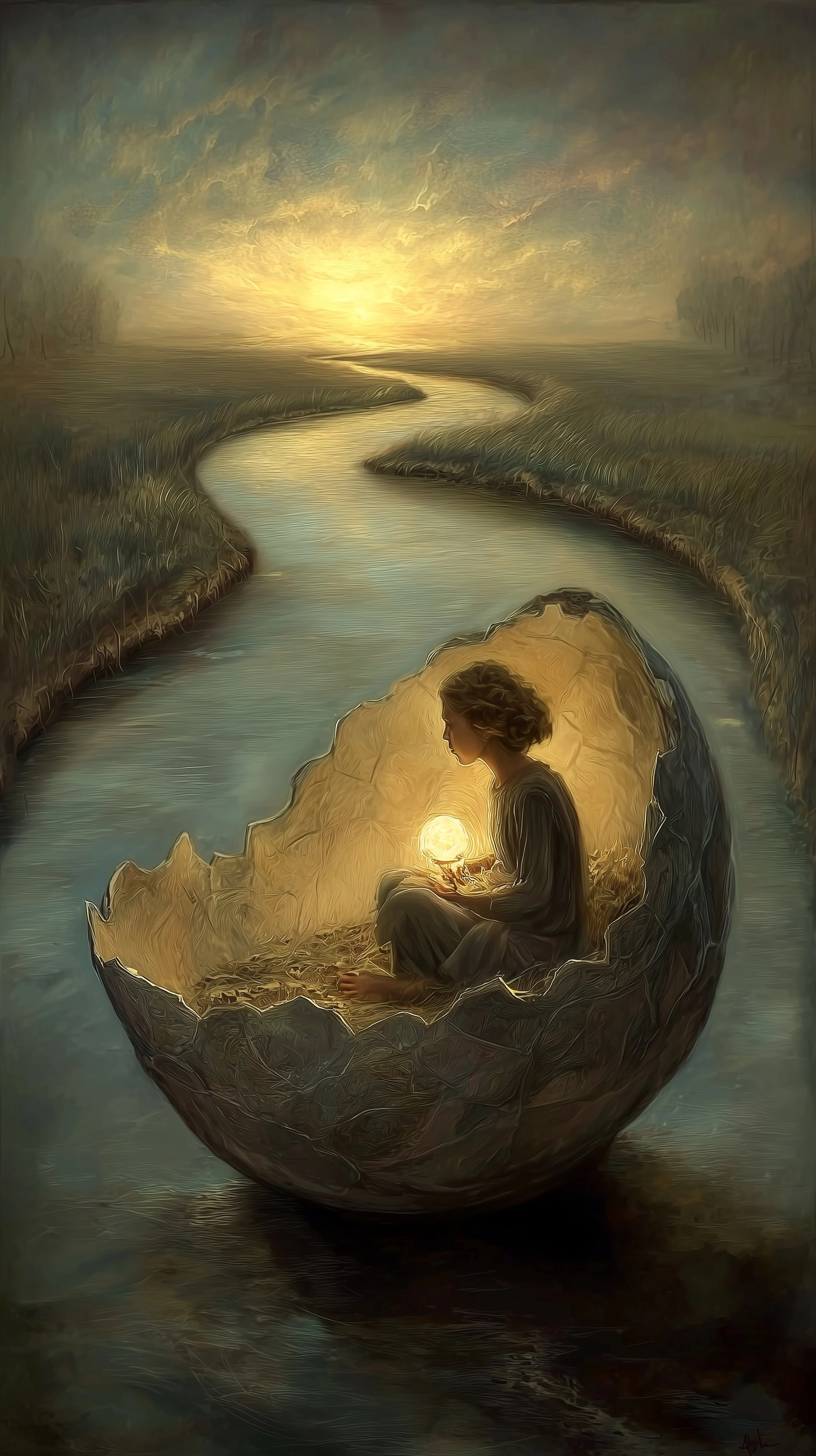 A broken eggshell boat drifting along a winding river