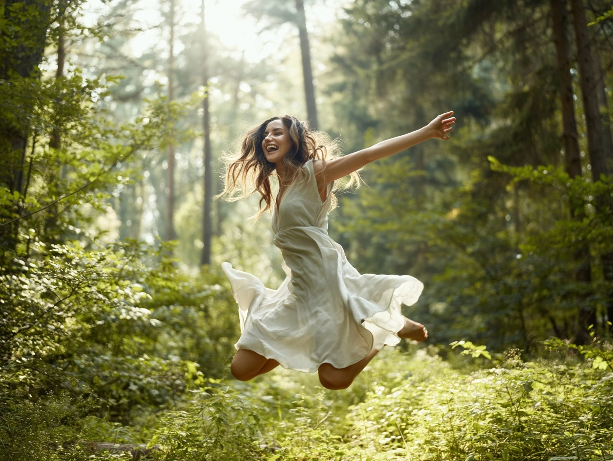 A Caucasian girl joyfully jumping in a lush forest, mid-air motion captured, expressive smile