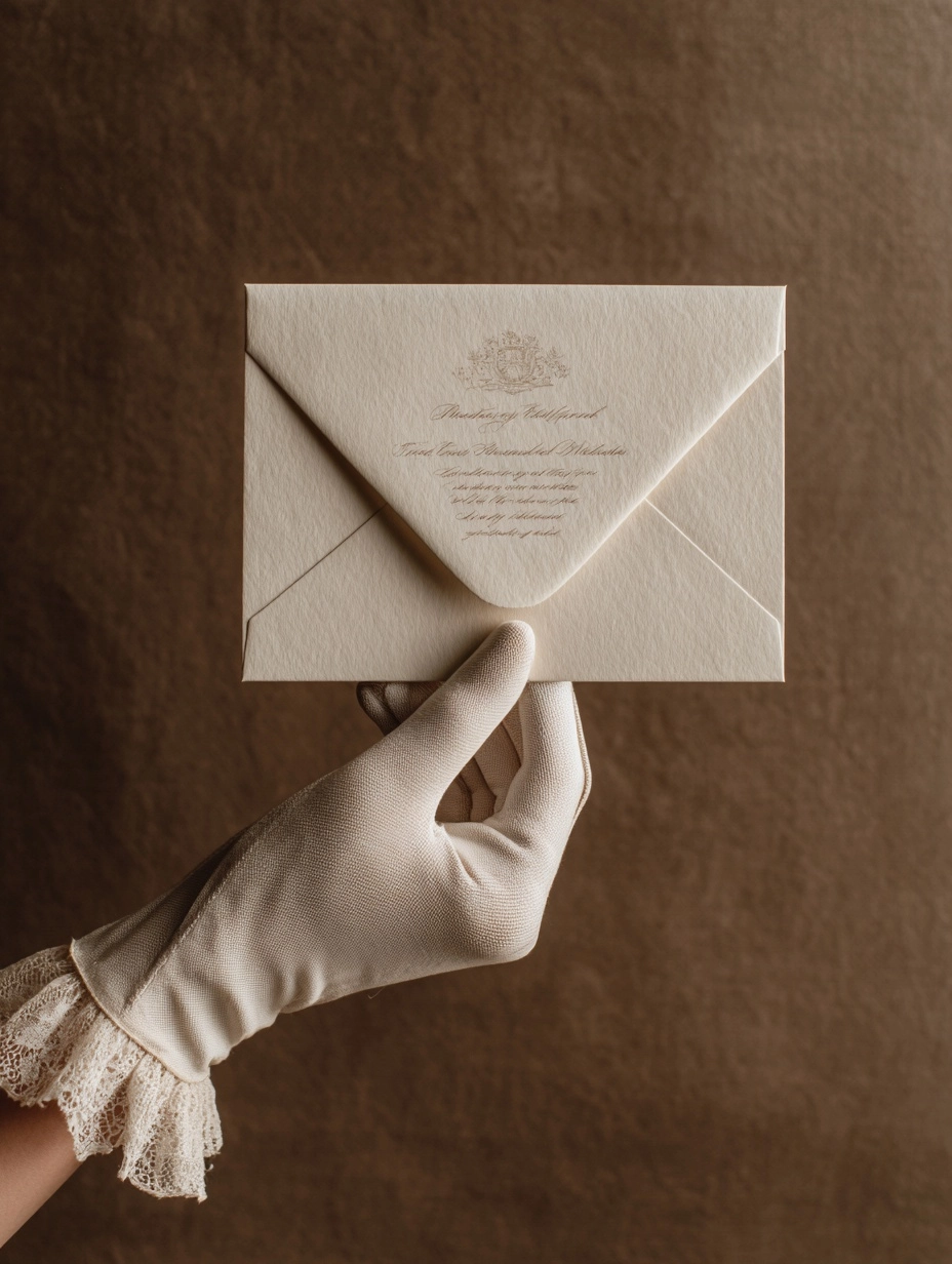 A classic, elegant wedding invitation with the text. the background is a muted brown or beige to hig