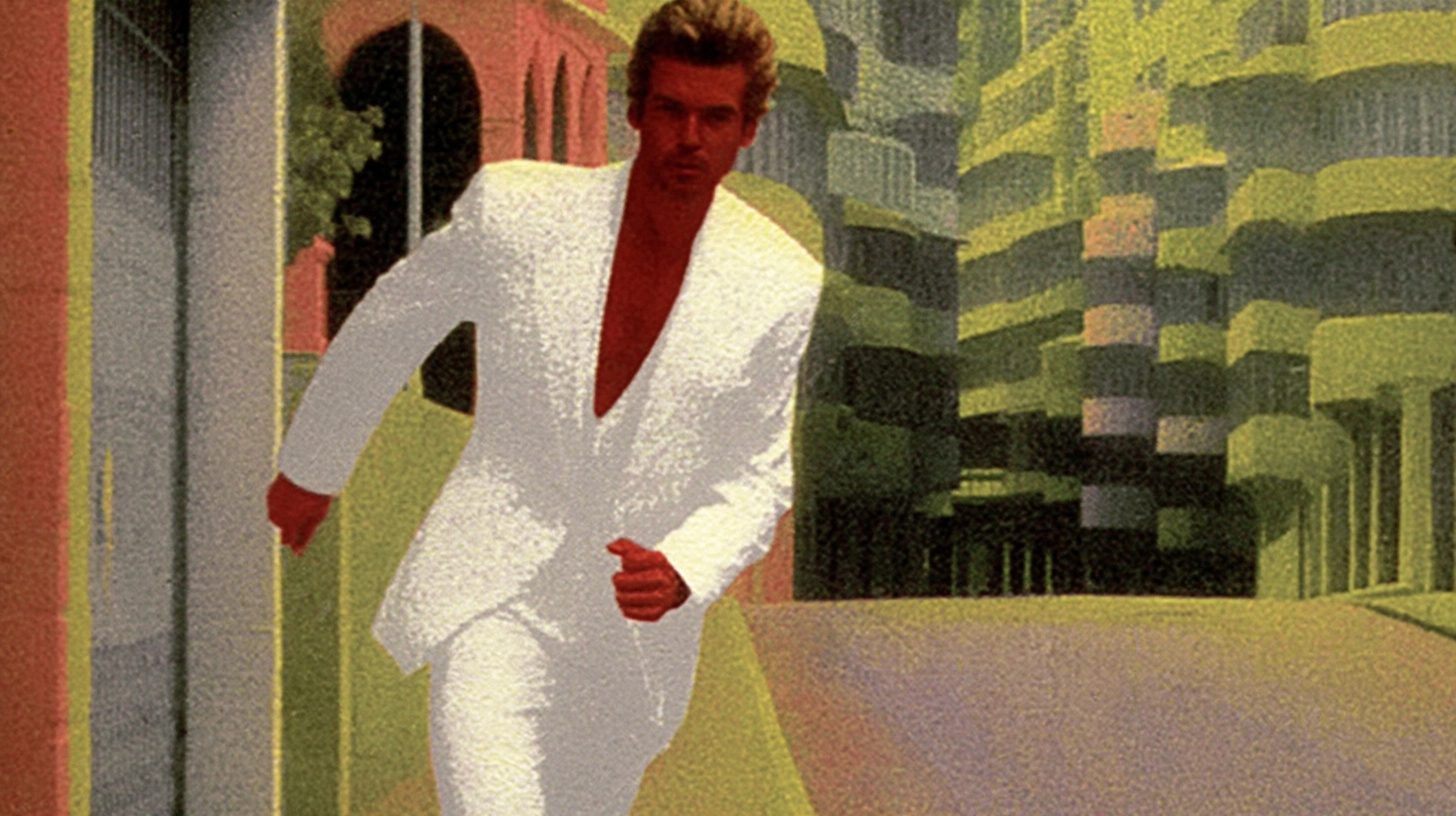 A cool male spy wearing a white linen suit, in Hong Kong, running away from a building