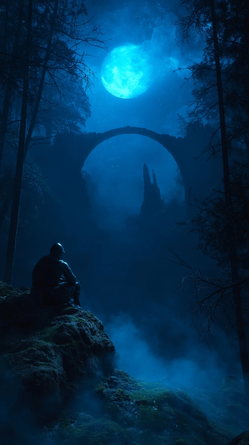 A knight in ancient armor sitting against a mossy rock