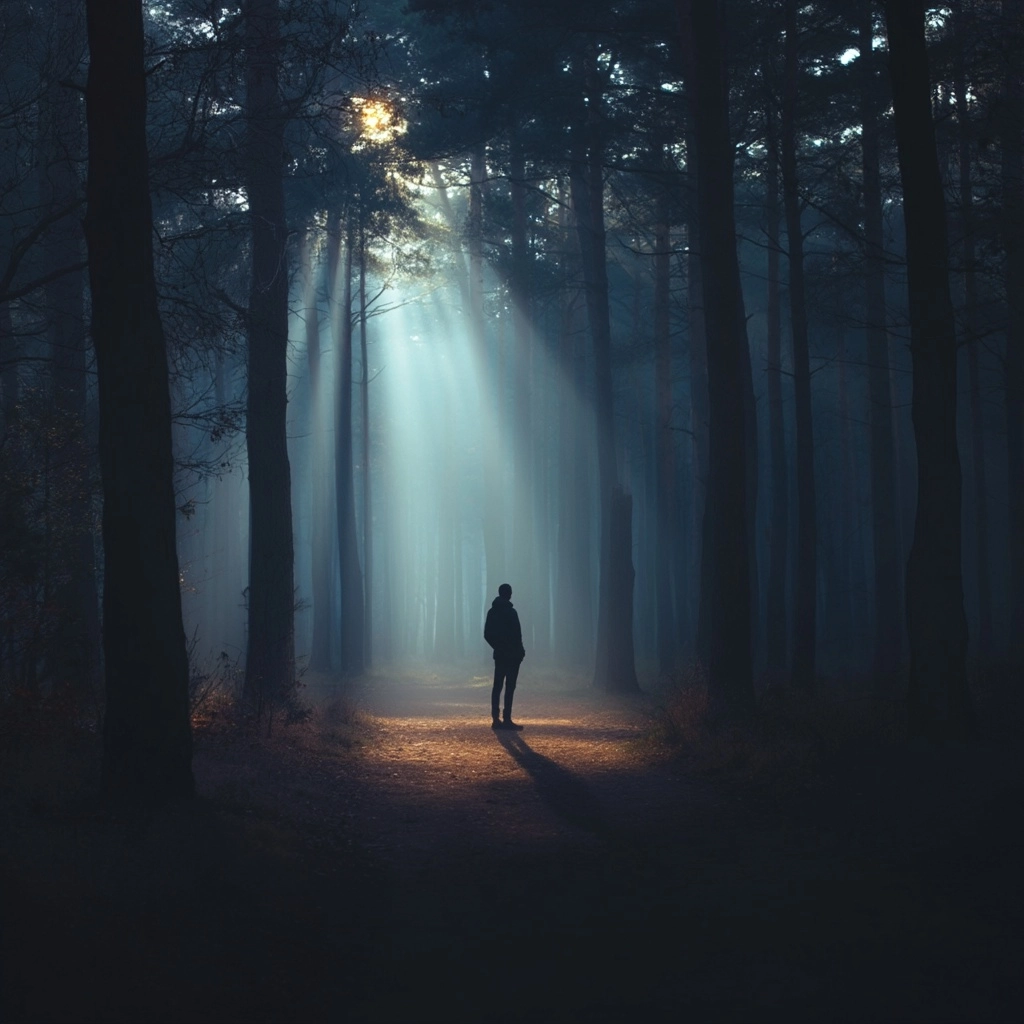 A lone figure standing in a misty forest at dusk, looking around desperately