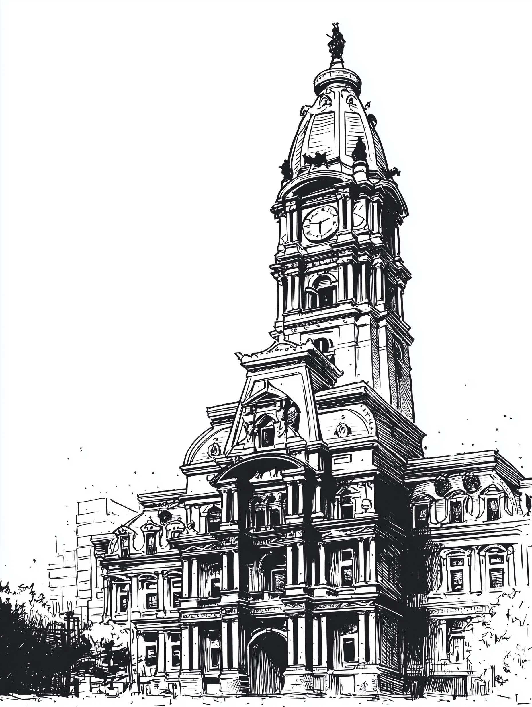 Single continuous simple minimal ink cartoony drawing of the philadelphia city hall