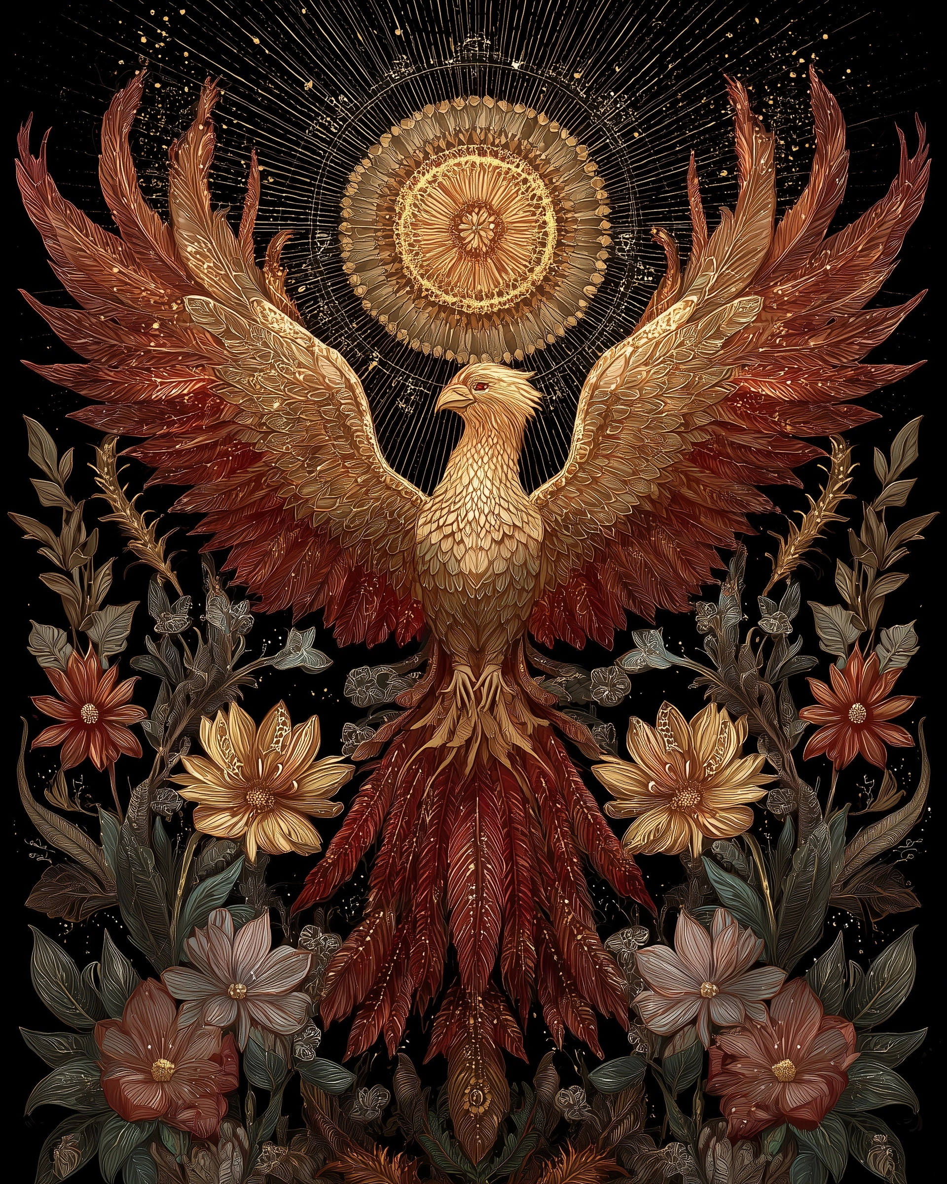 A majestic phoenix rising from golden midsummer flames, feathers glowing in shades of gold