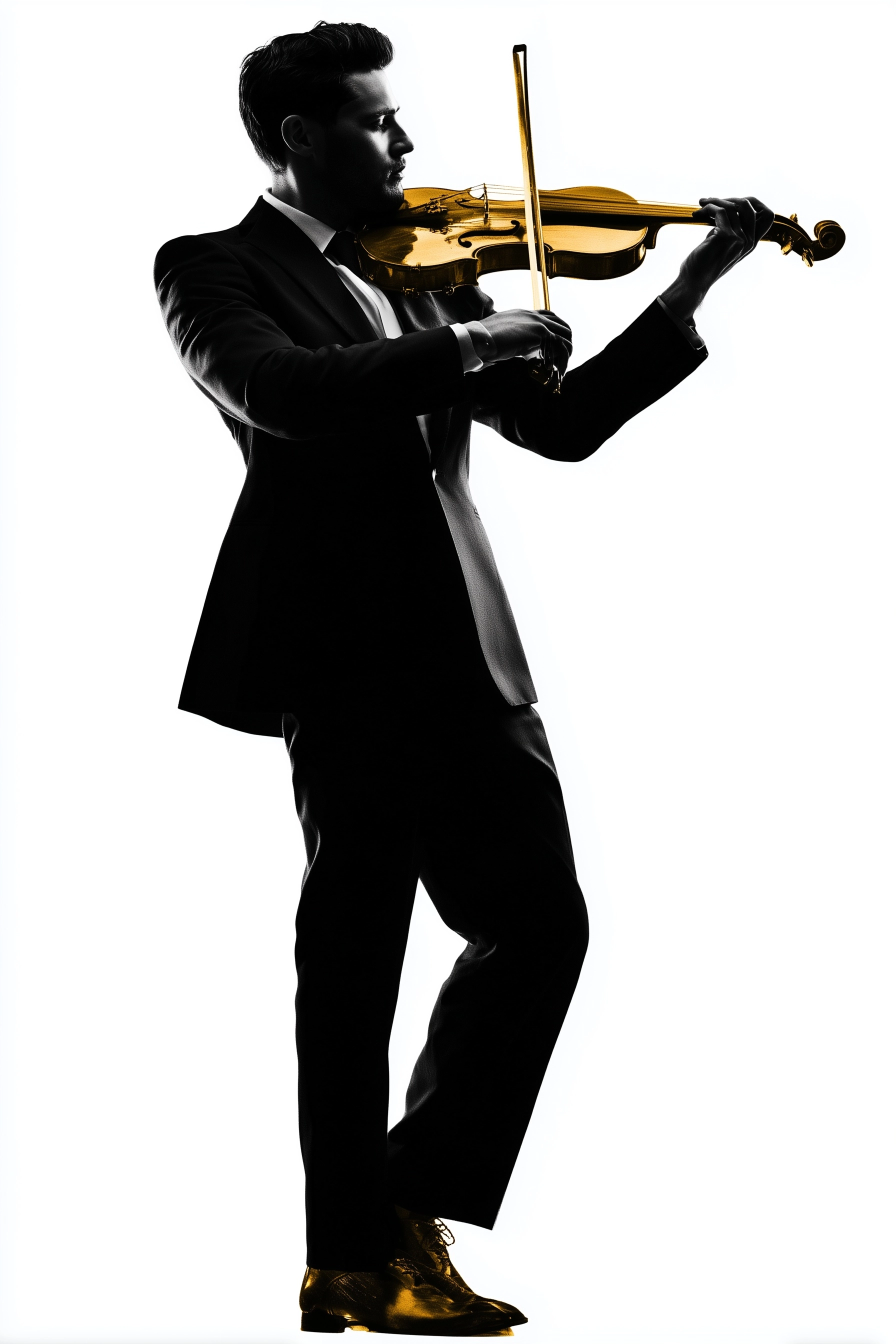 A male caucasian violinist with in a crisp black suit