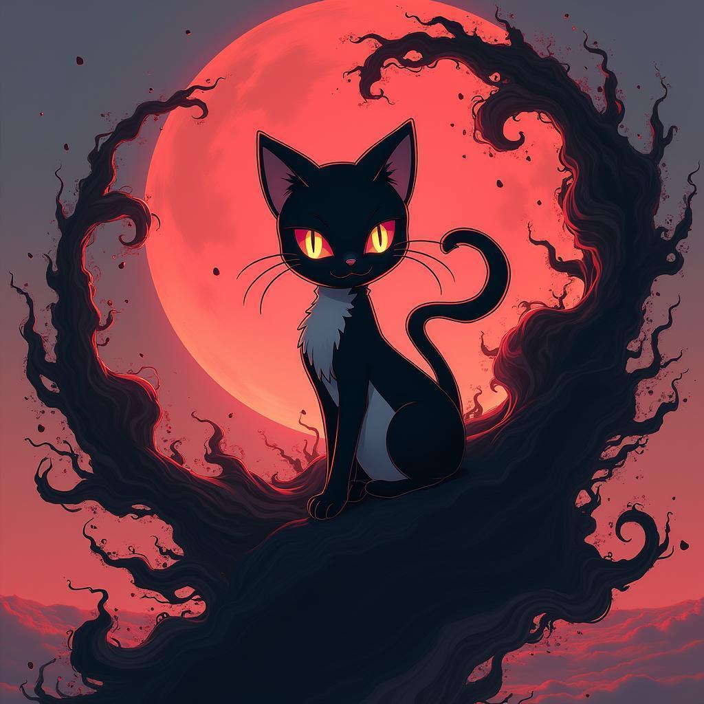 Mew Amid Swirling Black and Crimson Ink