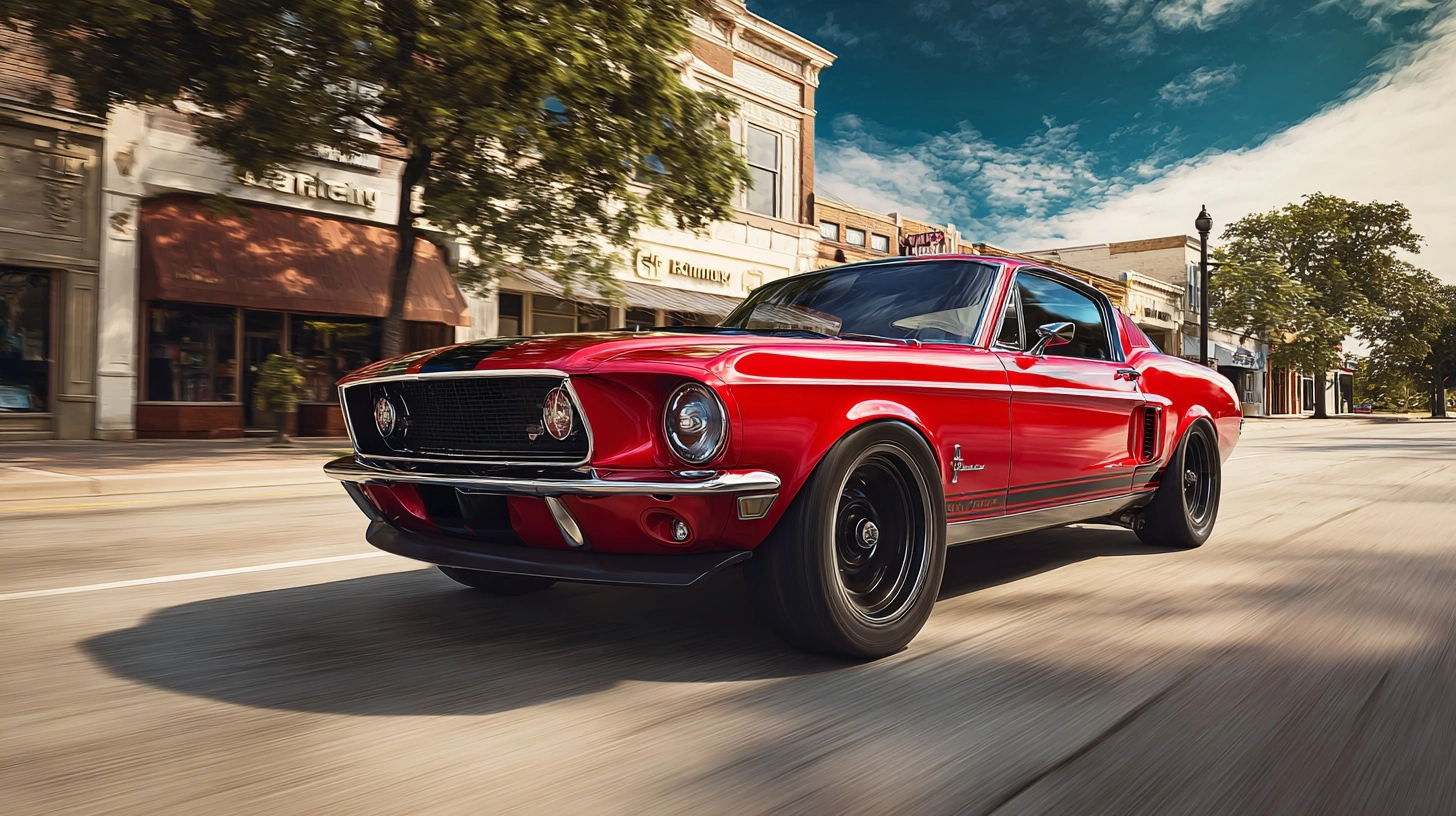 Create a realistic photo of the crimson with black stripes and steel wheels vintage 1967 Ford Mustan