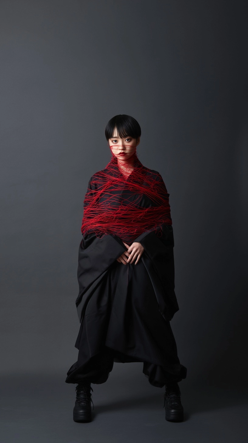 A modern, clear photograph. A full-body shot of a young Japanese woman bound with extremely thin red