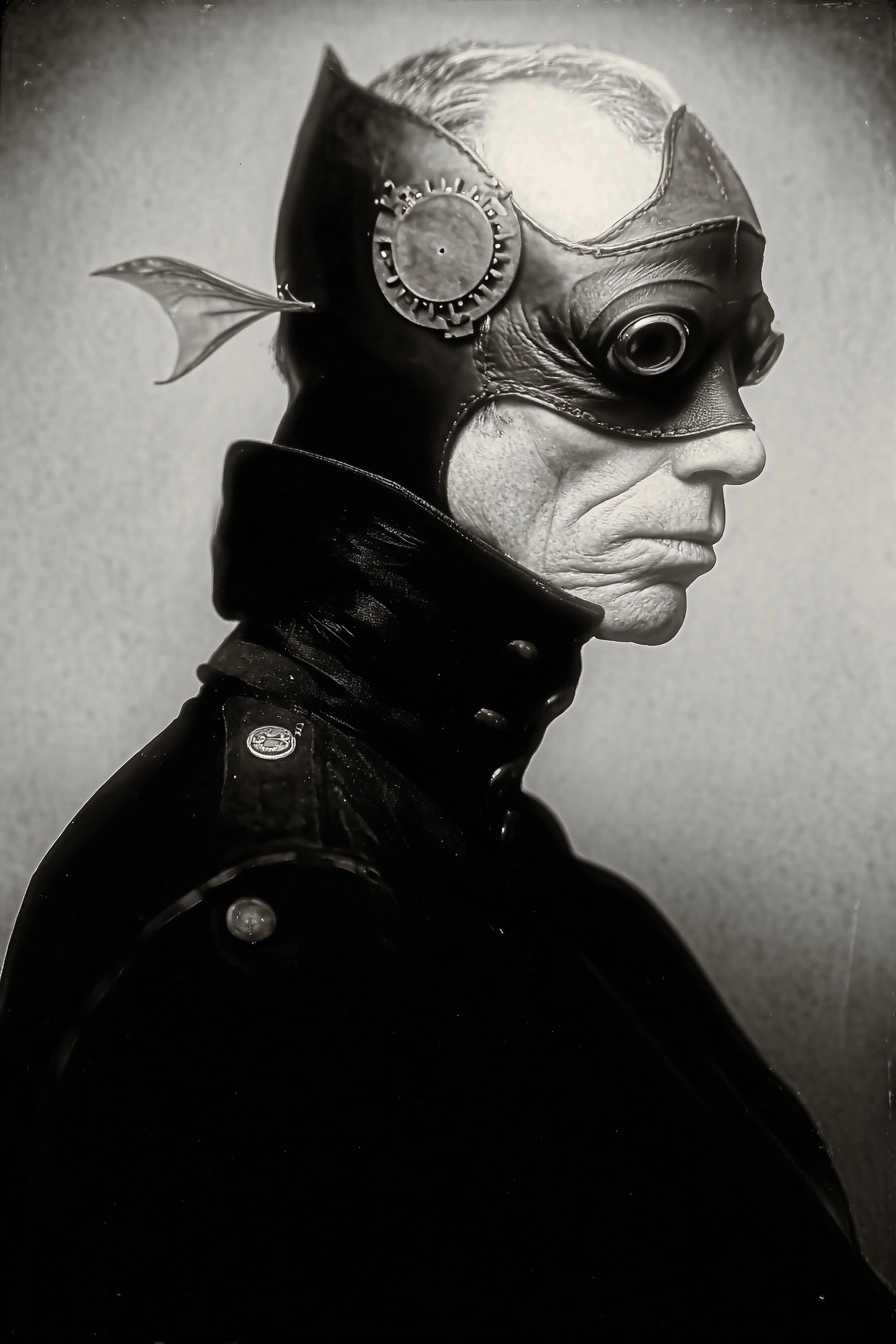 Brooding pelagic steampunk superhero, moody portrait
