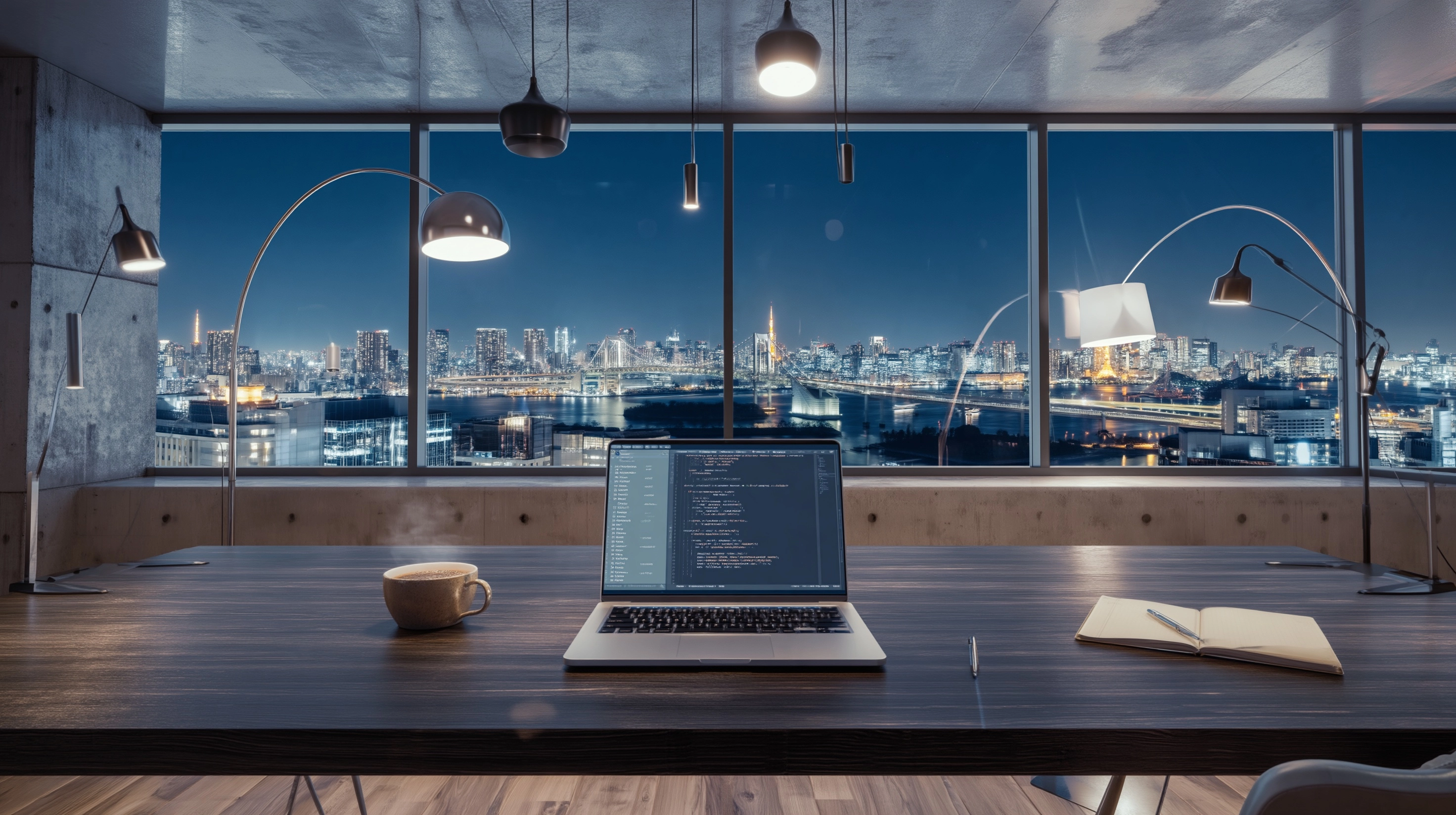 A modern, high-rise office sanctuary at night, floor-to-ceiling windows with panoramic cityscape vie