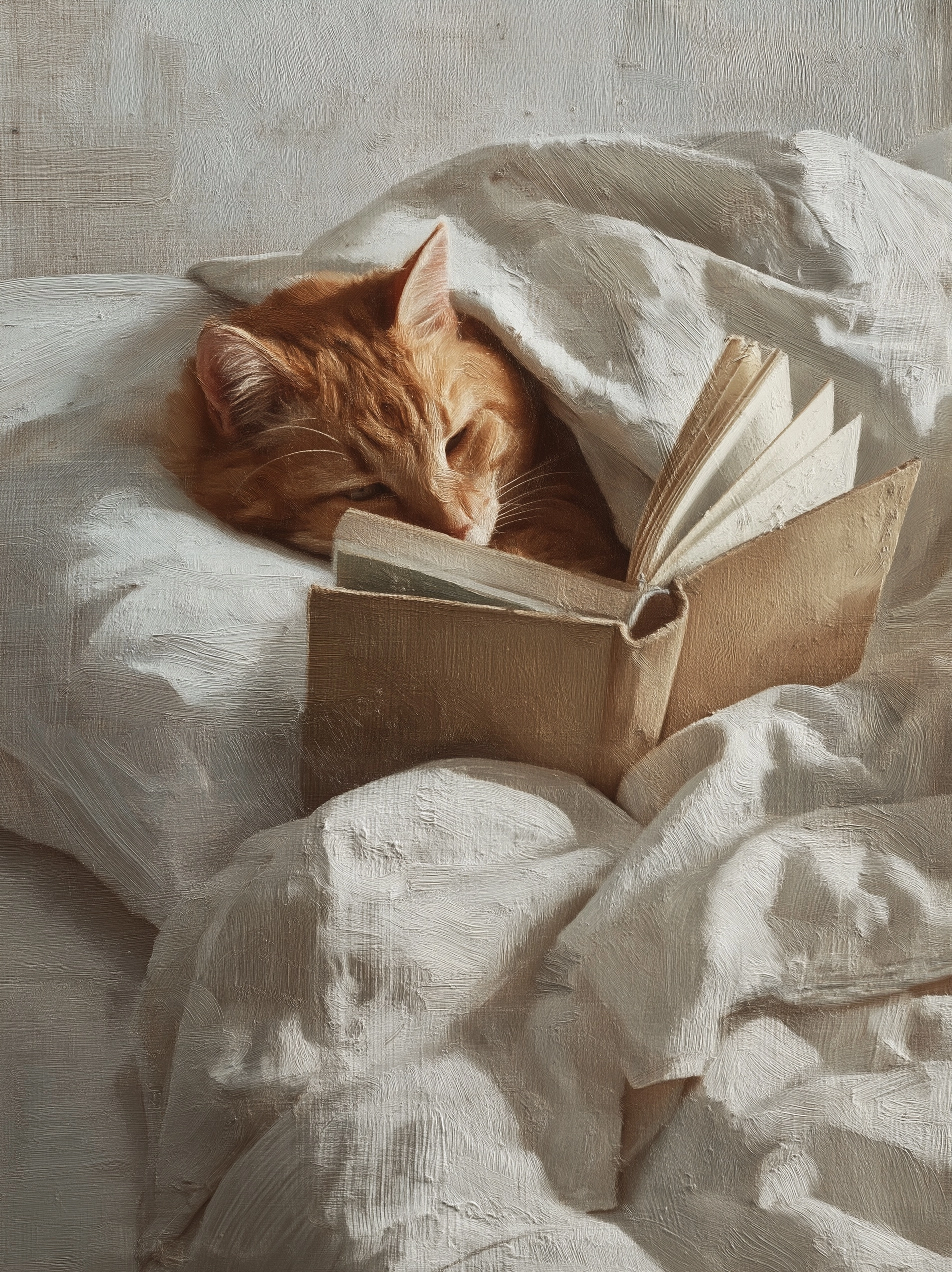A oil painting of cat reading a book on the bed, wrapped in a fabric so she does not get cold