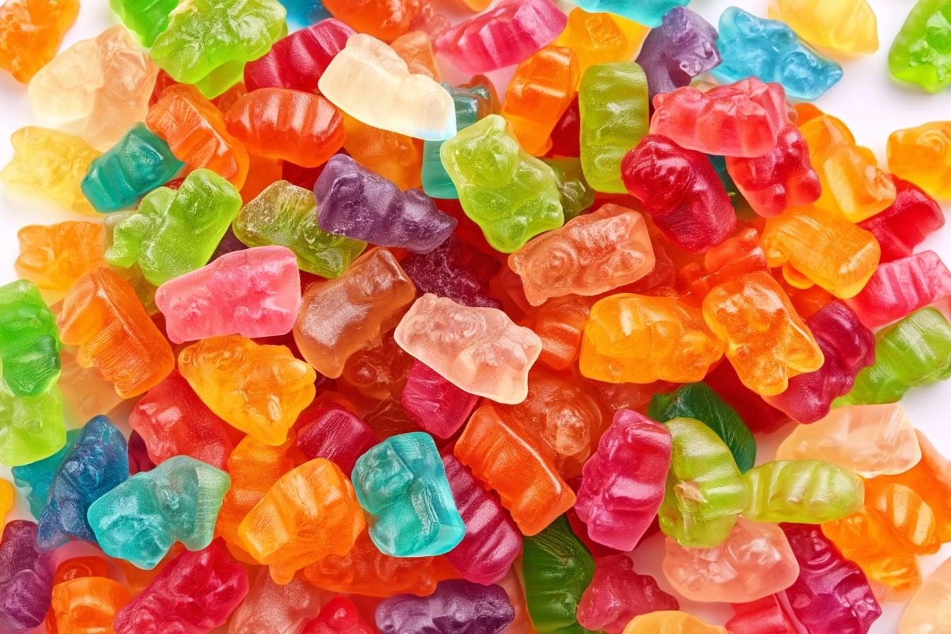 A pile of colorful gummy bears, gummies, opaque candy with a clear glass texture