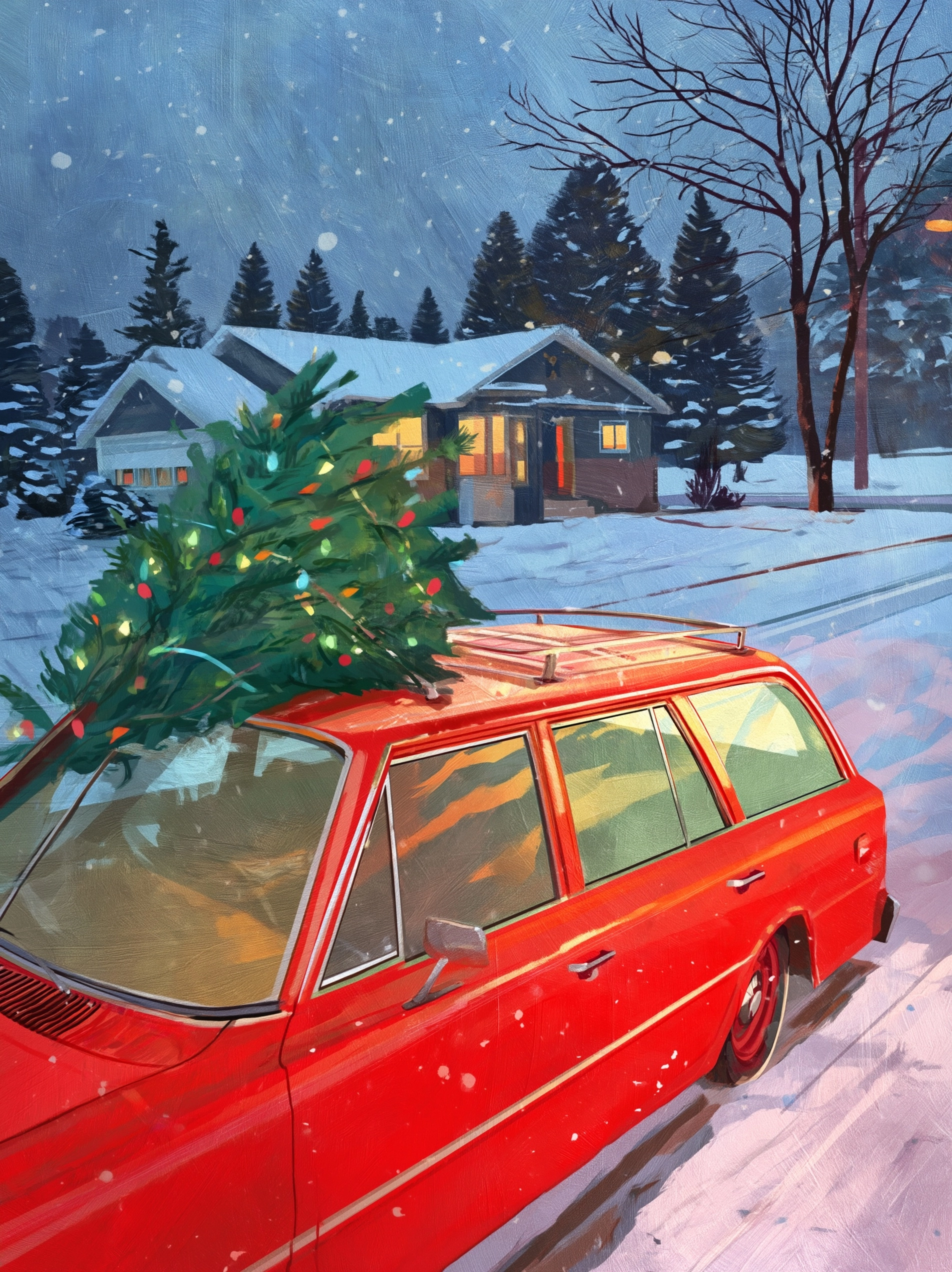 A red station wagon with a Christmas tree on the roof, in a snowy, winter setting, in a retro style