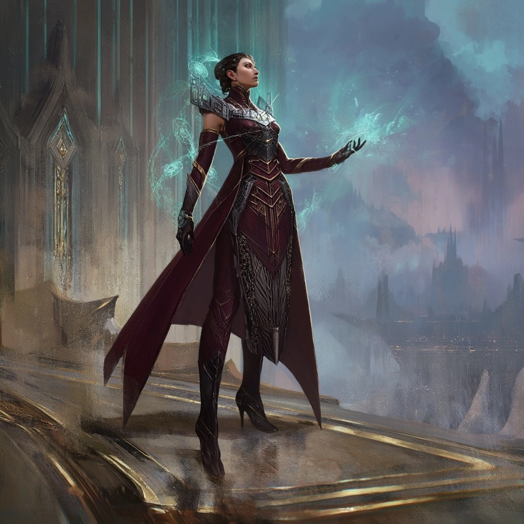 Cinematic realism, high-end MOBA splash art, intimidating high-magic academic woman