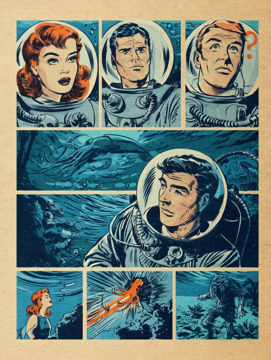 A trio of deep sea divers, one is a cute lady, one man is confused, one is a werewolf