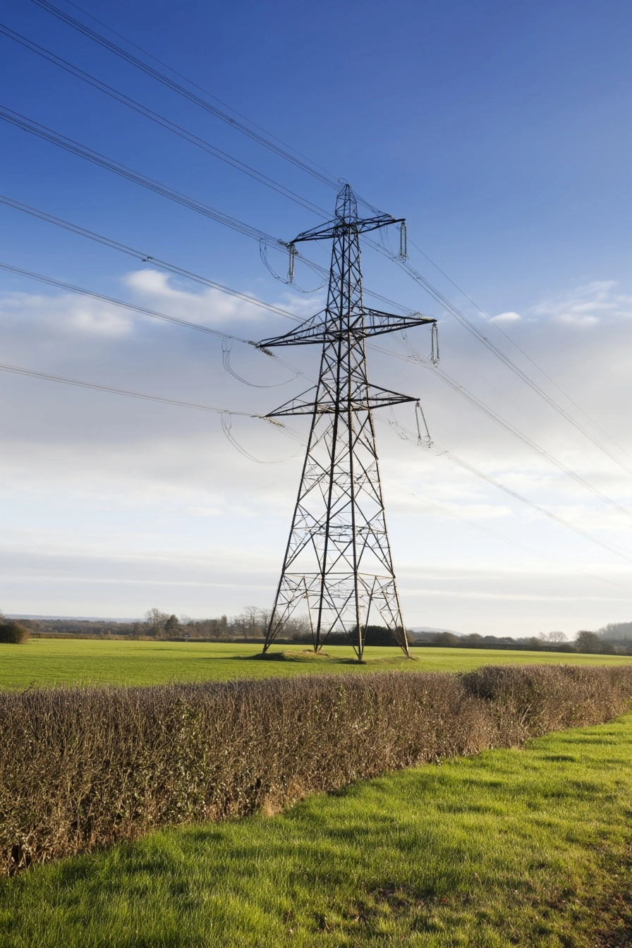 A UK electric pylon in the countryside. Focus on a single pylon. To be used in a leafet