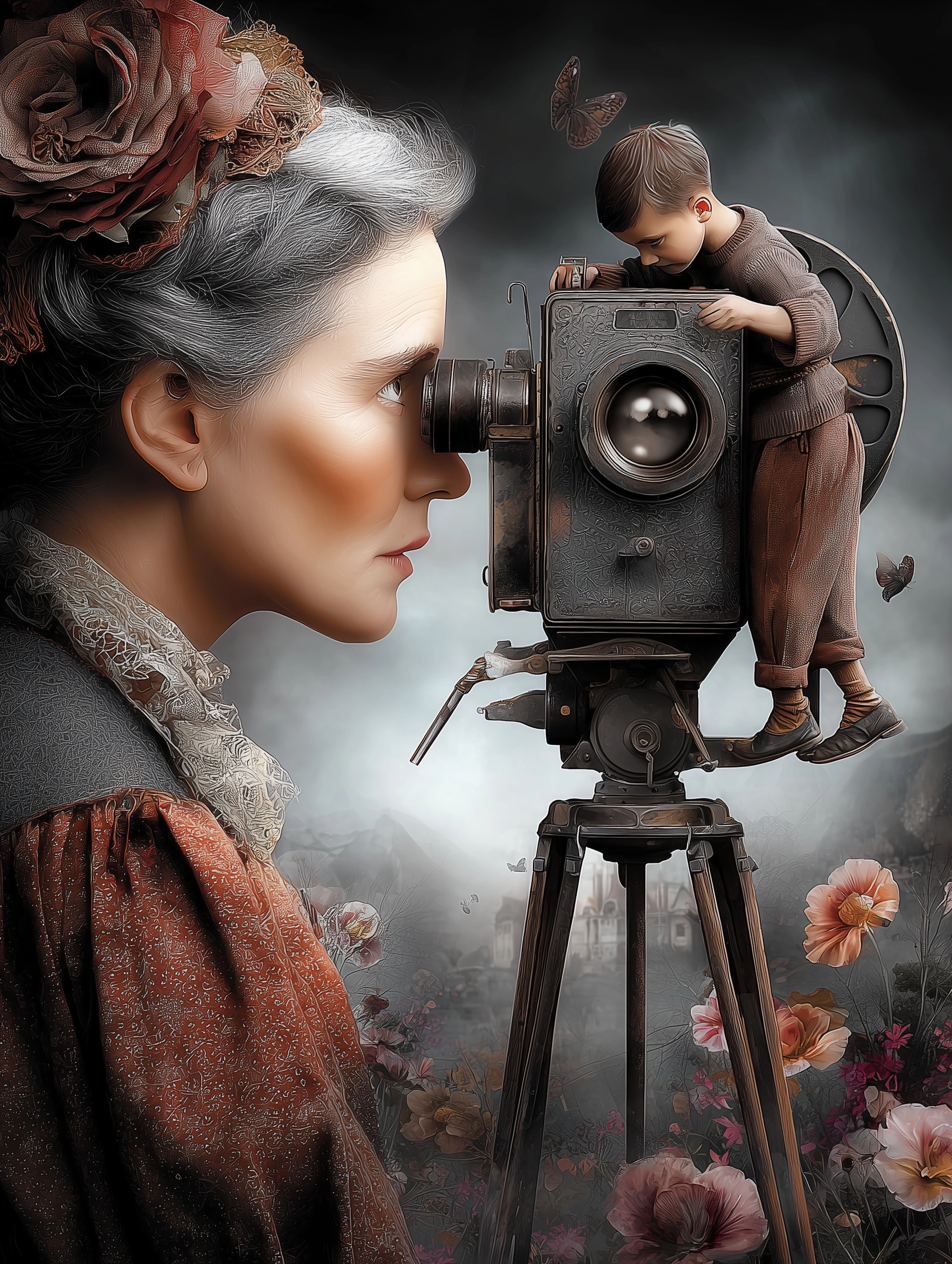 A vintage-era woman looking through an old camera, and a character clinging to the camera lens.
