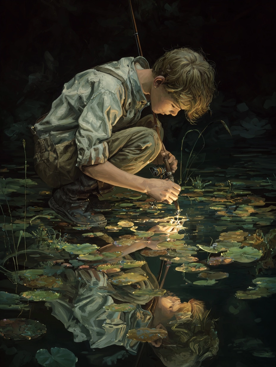 A young boy fishing by a pond.The water's surface acts as a shattered mirror
