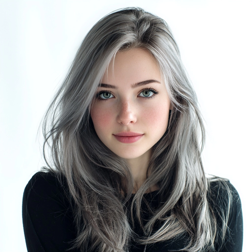 A young, pretty, and lovely girl with gray hair and fair skin; half-body portrait on a white backgro