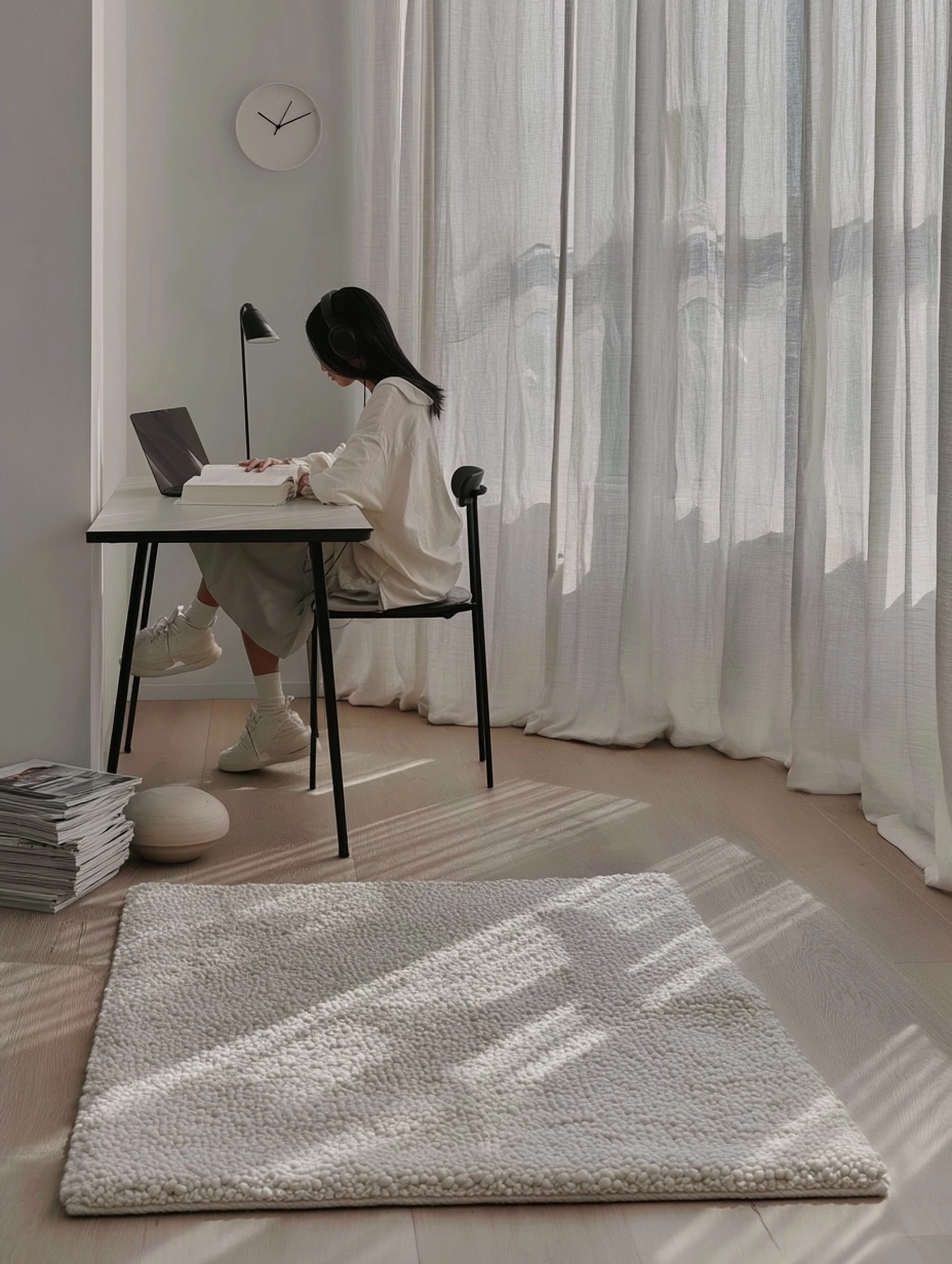 A young woman at a desk with headphones, seen from behind. She is studying from an open book beside