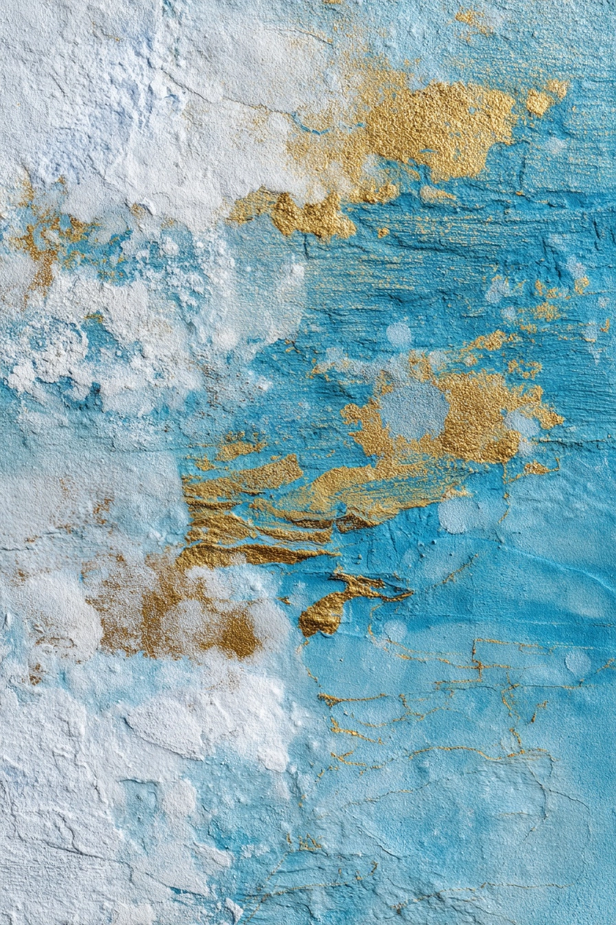 Abstract blue, yellow, goldand white textured background with snow in the sky, ice texture