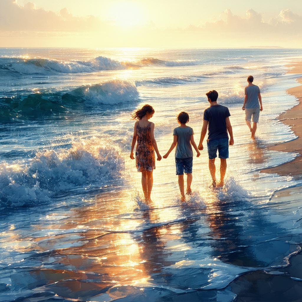Family of Four Strolling a Golden Beach